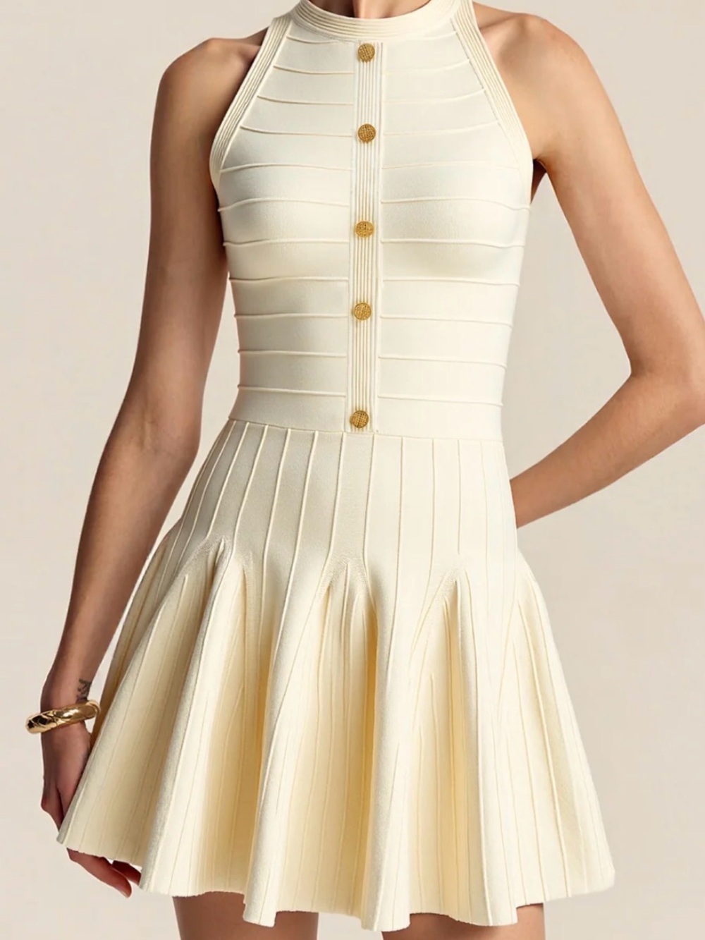 Commense Cream Halter Knit Mini Dress with Gold Buttons